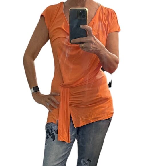 CACHE Orange Short sleeves drop neck waist ruched details rayon blouse Size S - Picture 3 of 14